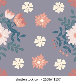 Flores florecientes y plantas sin fisuras en tonos pastel sobre fondo gris. Flores e imagen de planta para tela, moda, papel pintado. Concepto de diseño floral 