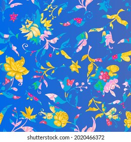 Blooming flowers and plants in vintage style with texture made of decorative stylized roses in folk style. Seamless botanical pattern. Boho ornament.
