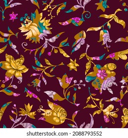 Blooming flowers and plants in vintage style with texture made of decorative stylized roses in folk style. Seamless botanical pattern. Boho ornament.