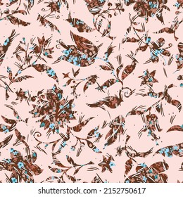 Blooming flowers and plants in vintage style with folk motifs texture. Seamless botanical pattern made of meadow spring flowers. Rustic nature ornament.