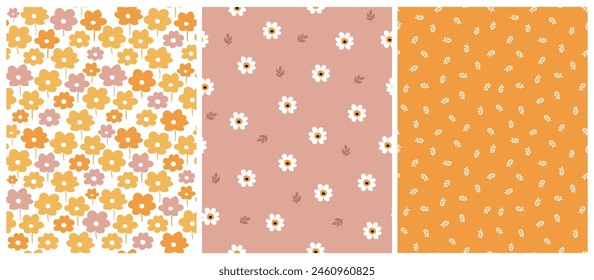 Blooming Flowers Print. Seamless Pattern with Hand Drawn Flowers. Infantile Style Print with Abstract Garden, Floral Wallpaper. Tiny Flowers Isolated on a White, Yellow and Pastel Pink Background.