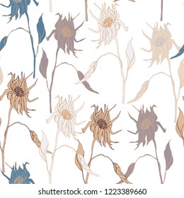 Blooming Flowers. Realistic isolated seamless flower pattern. Vintage background. Wallpaper. Hand drawn. Vector illustration.
