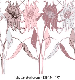Blooming Flowers. Realistic isolated seamless flower pattern. Vintage background. Wallpaper. Hand drawn. Vector illustration.
