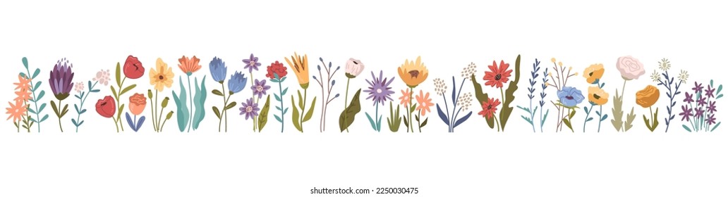 Blooming flowers in row, spring and summer wildflowers and plants with foliage and leaves isolated icons set. Tulips and roses, daisies and peonies. Vector in flat style