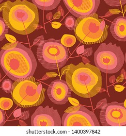 Blooming flowers seamless pattern. Abstract roses in blossom on brown background. Retro style hand drawn flourishing plants in pastel pink palette. Minimalist wrapping paper, wallpaper, textile print
