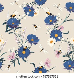 Blooming flowers seamless pattern. Blue on grey background. Elegant flowers floral foliage garland bouquetand bees . Vector design illustration.