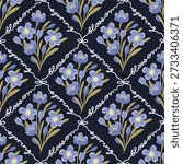 Blooming flowers seamless pattern. Cartoon crocuses bouquet. Lines of handwritten words is designed in diagonal intersecting stripes with bows. Botanical  print on blue background. Vector illustration
