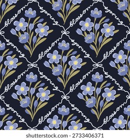 Blooming flowers seamless pattern. Cartoon crocuses bouquet. Lines of handwritten words is designed in diagonal intersecting stripes with bows. Botanical  print on blue background. Vector illustration
