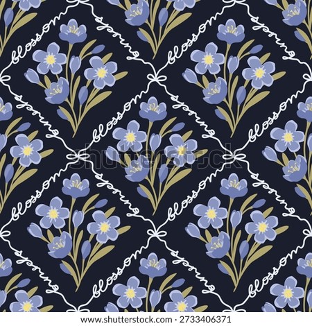 Blooming flowers seamless pattern. Cartoon crocuses bouquet. Lines of handwritten words is designed in diagonal intersecting stripes with bows. Botanical  print on blue background. Vector illustration