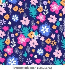 Blooming Flowers Seamless Pattern Design. Fashion Summer Illustration