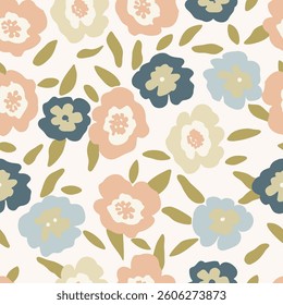 blooming flowers seamless pattern with green leaves