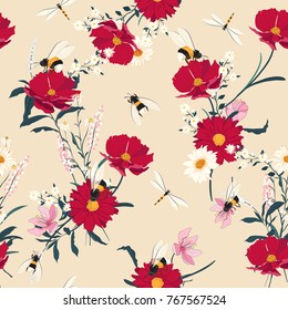 Blooming flowers seamless pattern.Red flowers on pink background. Elegant flowers floral foliage garland bouquetand bees . Vector design illustration. Blooming flowers seamless pattern.Red flowers on pink background. Elegant flowers floral foliage garland bouquetand bees . Vector design illustration.
