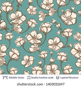 Blooming flowers seamless pattern. Vintage vector design. Spring summer nature background. Hand drawn sketch elements.