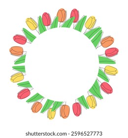 Blooming flowers Tulip, flower in floral frame border with white empty background, hand drawn, vector illustration