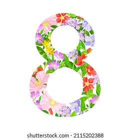 Blooming Flowers and Twigs Framed in Eight Number as International Women s Day Holiday Attribute Vector Illustration