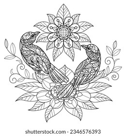 Blooming flowers and two birds hand drawn for adult coloring book