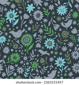 Blooming flowers and vegetation of spring or summer, blossom and flourishing of flora and floral elements. Twigs and branches, stems and bouquets, pattern print background. Vector in flat style