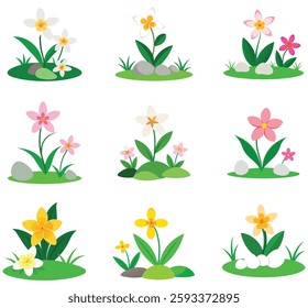 Blooming Frangipani flowers bundle vector illustration among the green grass and stone on a white background.