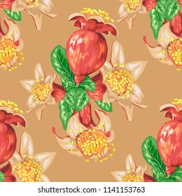 Blooming fruit flower of pomegranate tree in seamless pattern in realistic vector graphic iilustration