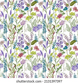 Blooming Garden floral in small hand draw flower with many kind of botanical plants seamless background. Liberty style. Design for fashion, fabric, textile, wallpaper, cover, web , wrapping.