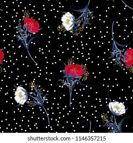 Blooming garden flowers seamless pattern with scattered white polka dots on black background for fashion,fabric and all prints 