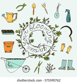 Blooming garden hand drawn elements. Vector garden work tools isolated.