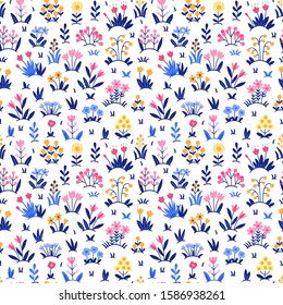 Blooming garden. Seamless vector pattern with colorful flowers. Retro textile collection. Elegant template for fashion prints. White background.