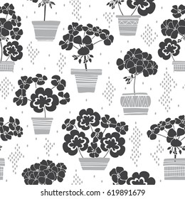 Blooming geraniums in pots. Seamless vector pattern. Floral illustration on white background.