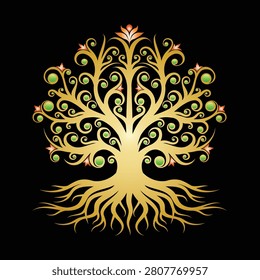 Blooming golden tree on black background vector illustration