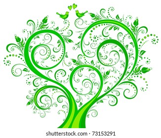 Blooming green tree, floral background, spring-summer ornament. Vector illustration.