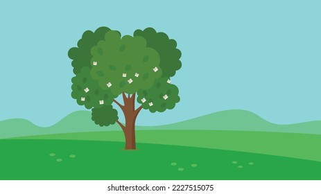 Blooming green tree in the meadow