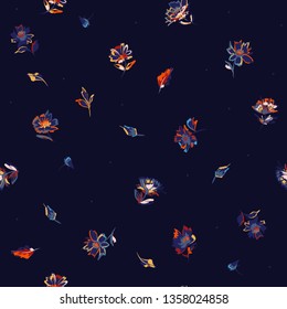 Blooming hand panting brush meadow flower Seamless pattern Summer random repeat design for fashion fabric, wallpaper and all prints on navy blue background color vector.