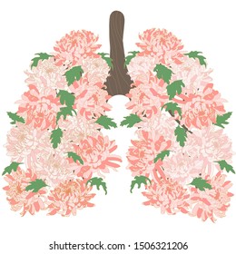 Blooming, healthy human lungs. World-wide day against pneumonia. The fight against tuberculosis in medicine. Smoker's lungs and healthy. Light from blooming pink chrysanthemums.