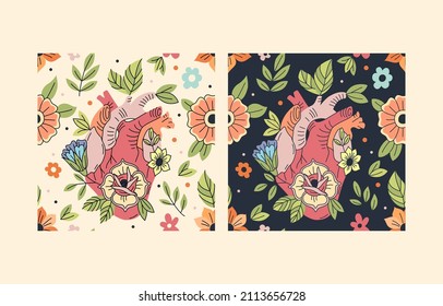 Blooming heart seamless patterns isolated on dark blue and transparent background. Vector repeatable illustration. Tattoo, retro or cartoon style.