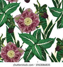 Blooming hellebore flowers. Floral seamless pattern. Helleborus niger. Winter rose. Lenten Rose with leaves with many kind of tropical leaves. Detailed drawing watercolor style.