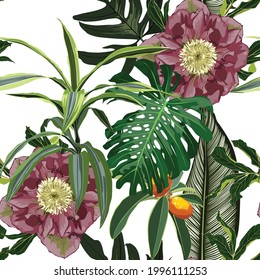 Blooming hellebore flowers. Floral seamless pattern. Winter rose. Lenten Rose with with many kind of tropical palm leaves. Detailed drawing watercolor style.