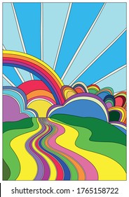 Blooming Hills Psychedelic Art Style Landscape, Rainbow, River, Clouds, Abstract Flowers 1960s Hippie Posters Stylization 