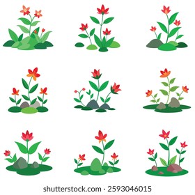 Blooming Honeysuckle flowers bundle vector illustration among the green grass and stone on a white background.