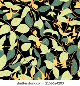 Blooming honeysuckle seamless pattern. Dark background for fashion, wallpapers, print, paper, cover, fabric, interior decor and other users Vintage floral design in cold green colors.