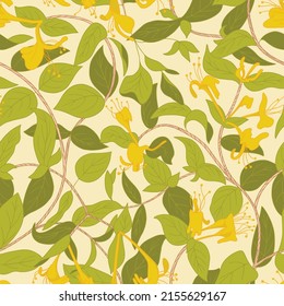 Blooming honeysuckle seamless pattern. Plant background for fashion, wallpapers, print,  
paper, cover, fabric, interior decor and other users
Vintage floral design in yellow and warm green colors.