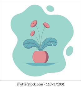 Blooming houseplant in flowerpot vector illustration in flat style with editable stroke - indoor decorative flower with leaves and blossoms in pot on turquoise spot isolated on white background.