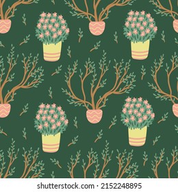 Blooming houseplants seamless pattern on dark green. Hand drawn flat vector illustration. Potted plants in garden. Great for fabrics, wrapping papers, wallpapers, covers.