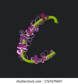 Blooming initial letter C. Decorative floral font on a dark background. Vintage garden plant typography. Alphabet made of lilac flowers.