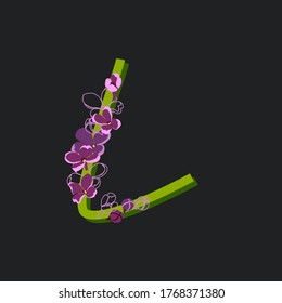 Blooming initial letter L. Decorative floral font on a dark background. Vintage garden plant typography. Alphabet made of lilac flowers.
