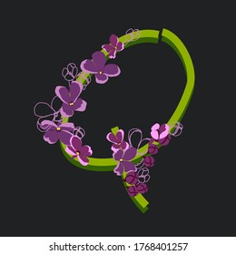 Blooming initial letter Q. Decorative floral font on a dark background. Vintage garden plant typography. Alphabet made of lilac flowers.