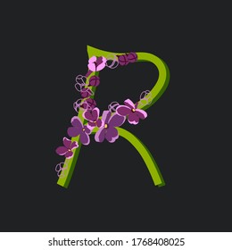 La letra inicial en flor R. Fuente floral decorativa sobre un fondo oscuro. Tipografía de plantas de huerto vintage. Alfabeto de flores de lila.