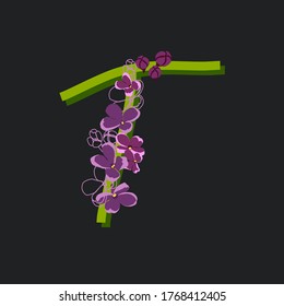 Blooming initial letter T. Decorative floral font on a dark background. Vintage garden plant typography. Alphabet made of lilac flowers.