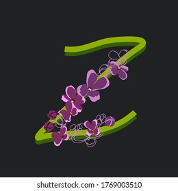 Blooming initial letter Z. Decorative floral font on a dark background. Vintage garden plant typography. Alphabet made of lilac flowers.