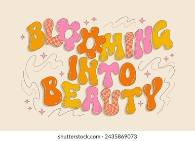 Blühend in Schönheit, Retro-Stil, Inspiration und lustige Typografie Design-Element. Kühne Schriftzug in lebhaften Farben und helles Design mit Sternen und Linien. Für jeden Sommer, Kinder, Tanzanlässe