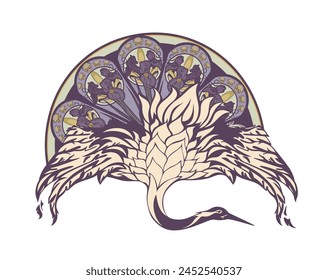 blooming iris flowers decorating fan and japanese crane flying with spread wings - elegant asian bird handdrawn floral vector design on white background